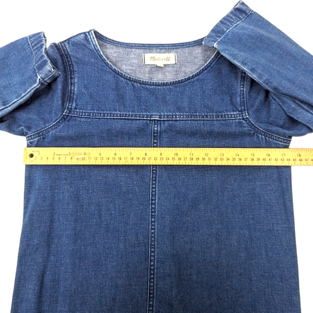 Madewell Denim Step Hem Dress Denim Shift Dress 3/4 Sleeve Raw Hem Womens XXS - Picture 7 of 10